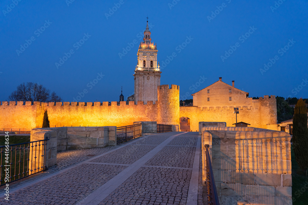 Fototapeta premium View of the medieval village of Burgo de Osma, the walls and the cathedral tower illuminated at night, Soria, Castilla y León, Spain.