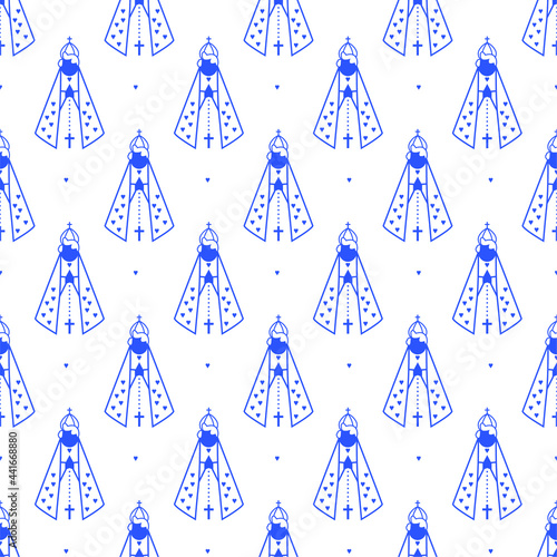 Vector Illustration of Our Lady Nossa Senhora Aparecida, considered the patron saint of Brazil. Seamless pattern. Print fabric, wrapping paper. Decoration