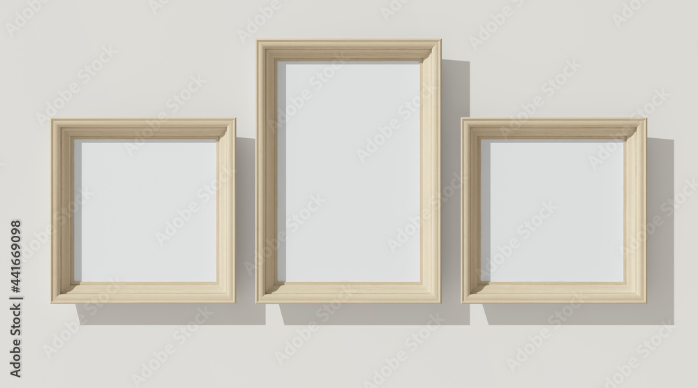 Three wooden frames on white wall. Triptych. 3D render vertical wooden frame mock up. Empty interior. 3D illustrations. 3D design interior. Template for business. Three wooden frames on white wall. Triptych. 3D render vertical wooden frame mock up. Empty interior. 3D illustrations. 3D design interior. Template for business.