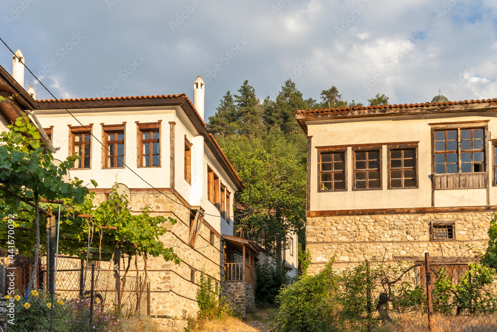 Typical street and old houses in historical town of Melnik, Bulgaria