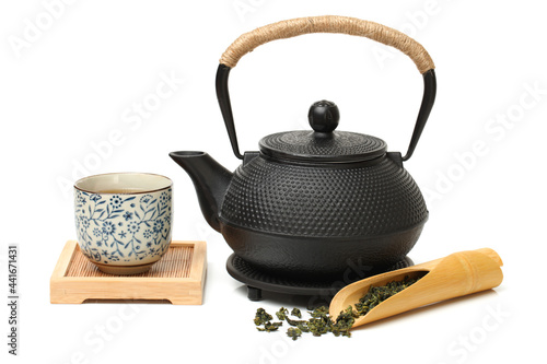 Closeup of tea set on white background 