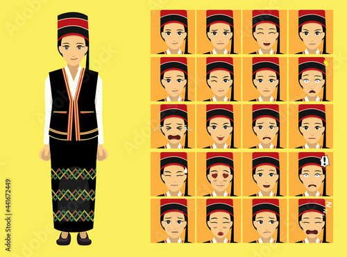 Manga Style Myanmar Lahu Shan Woman Clothes Cartoon Character Emotion photo