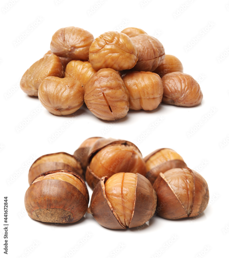 chinese food, peeled roasted chestnut on white background chinese food, peeled roasted chestnut on white background