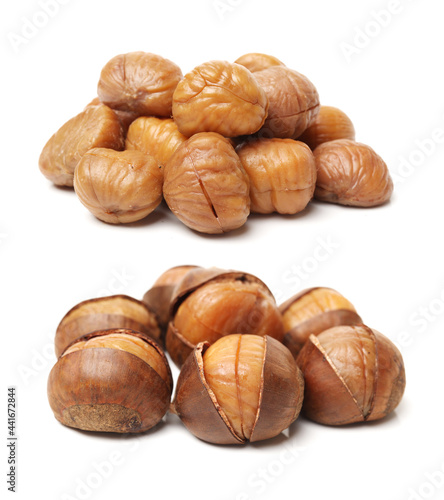 chinese food, peeled roasted chestnut on white background