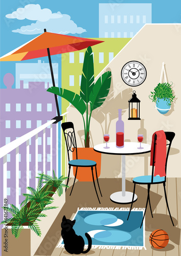 Cozy decorated urban balcony with a set of garden furniture, plants and umbrella