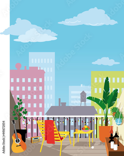 Cozy decorated balcony with a set of garden furniture, plants and a guitar, urban landscape on a background, EPS 8 vector illustration