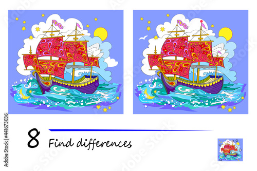 Find 8 differences. Illustration of fairyland old Celtic sailboat. Logic puzzle game for children and adults. Printable page for brain teaser book for kids. Developing counting skills. IQ test.