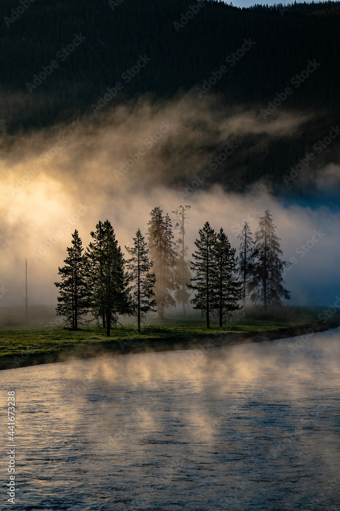 Landscape photo of fog hangs over trees along a river with light rays shining through in US National Park 05 Landscape photo of fog hangs over trees along a river with light rays shining through in US National Park 05