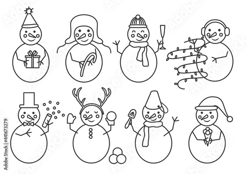 Set white snowmen line with various hats, hat, horns, cylinder, earflaps hat, ear muffs, bucket. Vector flat. Greeting card. Merry christmas and a happy new year. Winter design objects, decorations.