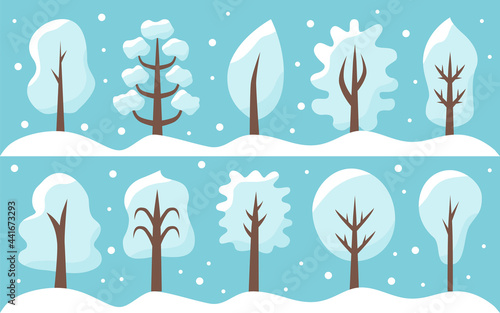 Trees winter white with snow on a blue isolated background with snowdrifts and snow flakes set. Designer winter new year christmas objects elements for decor. For textiles. Fairy trees. Scrapbooking.