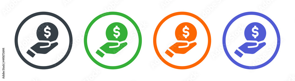 Hand holding dollar, in colorful graphic symbols on white background. Saving money concept Hand holding dollar, in colorful graphic symbols on white background. Saving money concept