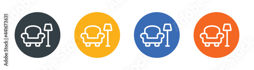 Living room interior with chair, indoor home light with armchair, home decor vector design. Furniture design icon set.