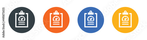 Speedometer or gauge on clipboard icon. Symbol of performance, report, optimization and productivity.