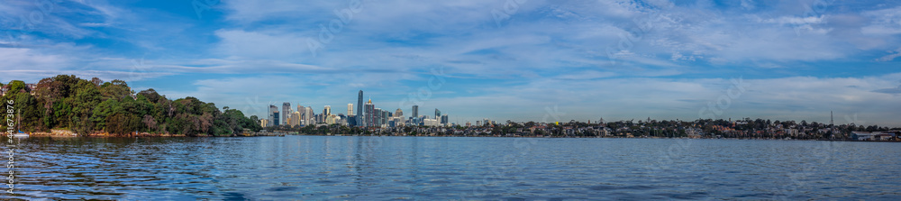 Panoramic view of Sydney Harbour and City CBD Skyline of NSW Australia. The beautiful light skies at sunset lovely blue waters 
