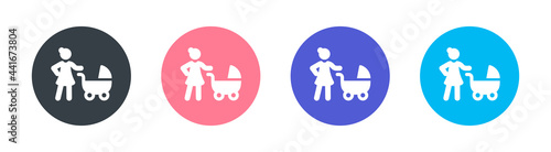 Mother with baby stroller icons set isolated on white background. Babysitter concept