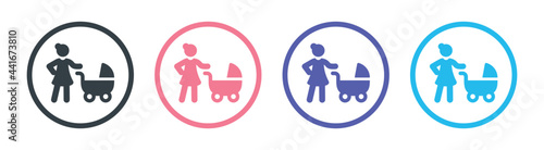 Woman pushing baby stroller icon vector illustration. Motherhood concept.