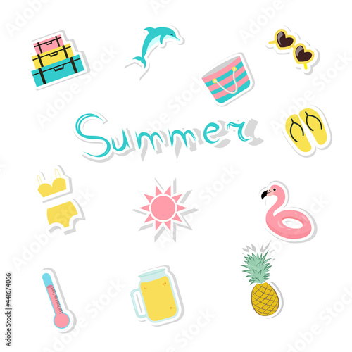 Set of cute summer icons:Glasses, beach bag, dolphin, suitcase, flip flops, rubber ring, fruit, pineapple, sun, cocktail, thermometer, swimsuit. Bright summer poster. Beach party scrapbooking element 