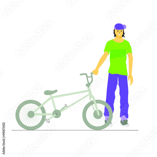 A young men stands with proud holding his bmx bicycle. Flat vector design character illustration with white background.