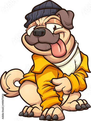 Pug dog wearing a yellow jacket and making the peace sign. Vector clip art illustration with simple gradients. All on a single layer.
