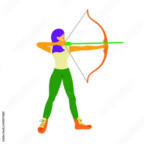 A young archer woman pull the arrow from his bow to hits the target. Flat vector design character illustration with white background.