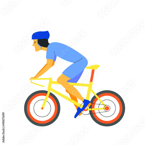 A sporty cyclist man rides his bike with enthusiasm. Flat vector design character illustration with white background.