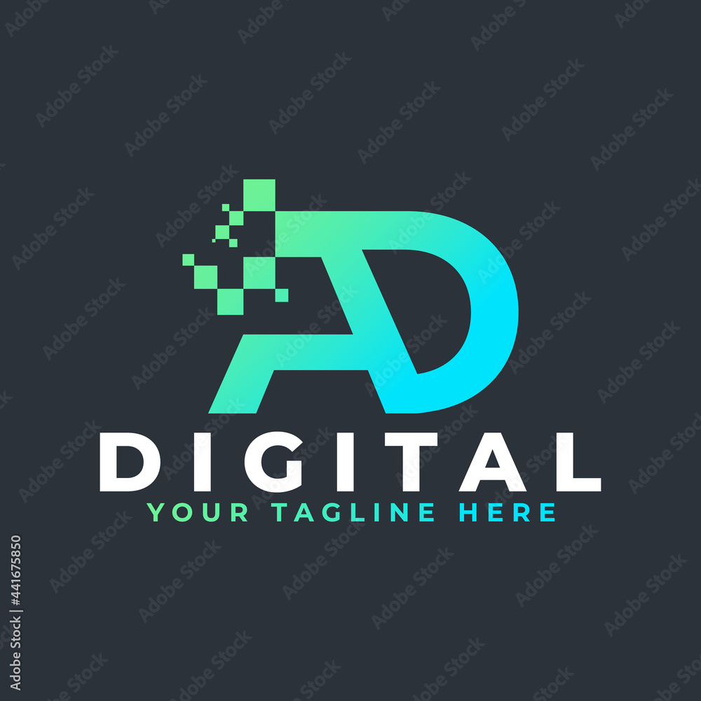 Obraz premium Tech Letter AD Logo. Blue and Green Geometric Shape with Square Pixel Dots. Usable for Business and Technology Logos. Design Ideas Template Element.