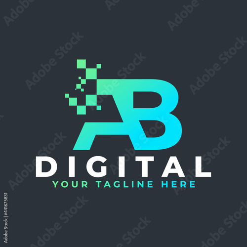 Tech Letter AB Logo. Blue and Green Geometric Shape with Square Pixel Dots. Usable for Business and Technology Logos. Design Ideas Template Element.