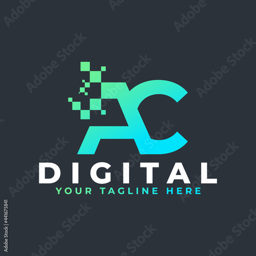 Tech Letter AC Logo. Blue and Green Geometric Shape with Square Pixel Dots. Usable for Business and Technology Logos. Design Ideas Template Element.
