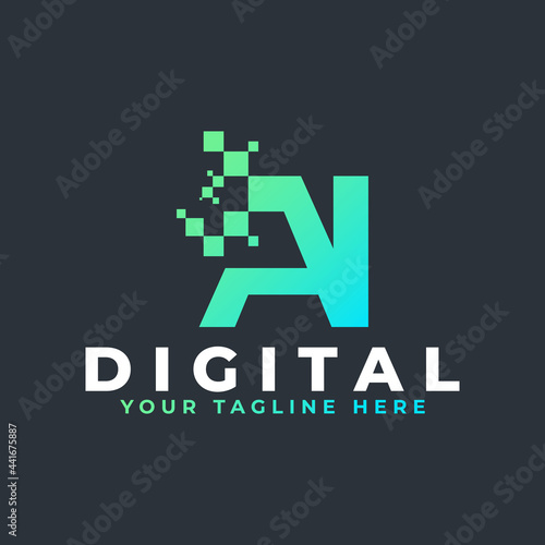 Tech Letter AI Logo. Blue and Green Geometric Shape with Square Pixel Dots. Usable for Business and Technology Logos. Design Ideas Template Element.