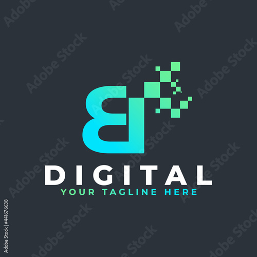 Tech Letter BI Logo. Blue and Green Geometric Shape with Square Pixel Dots. Usable for Business and Technology Logos. Design Ideas Template Element.