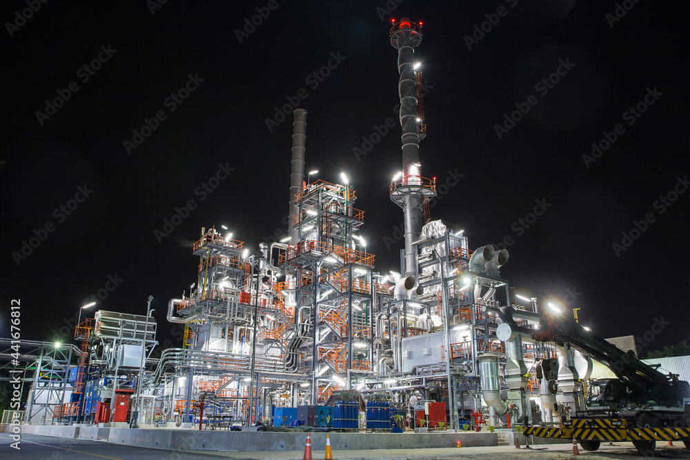 Night scene of oil refinery plant and power plant of petrochemical industry