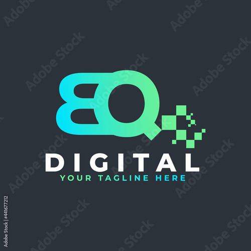 Tech Letter BQ Logo. Blue and Green Geometric Shape with Square Pixel Dots. Usable for Business and Technology Logos. Design Ideas Template Element.