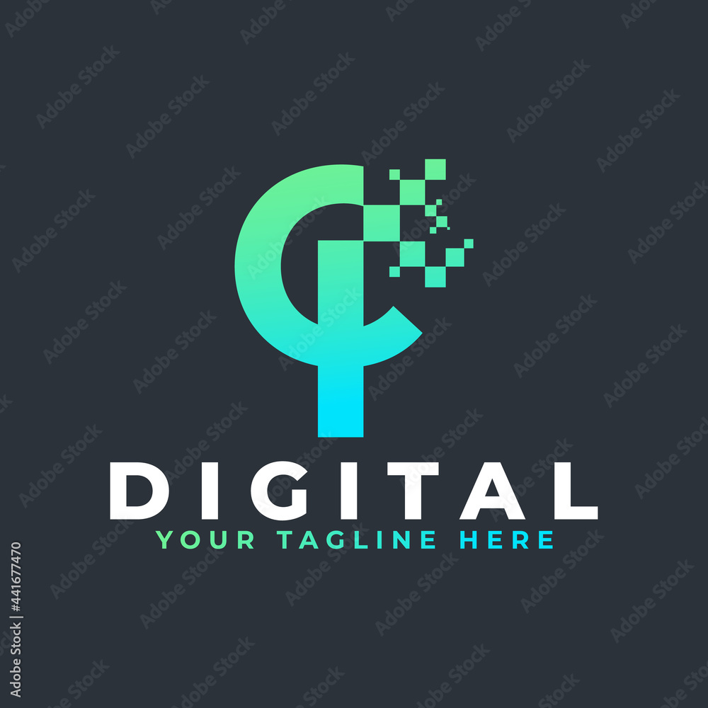 Obraz premium Tech Letter CI Logo. Blue and Green Geometric Shape with Square Pixel Dots. Usable for Business and Technology Logos. Design Ideas Template Element.