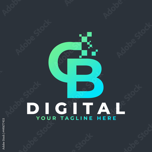 Tech Letter CB Logo. Blue and Green Geometric Shape with Square Pixel Dots. Usable for Business and Technology Logos. Design Ideas Template Element.