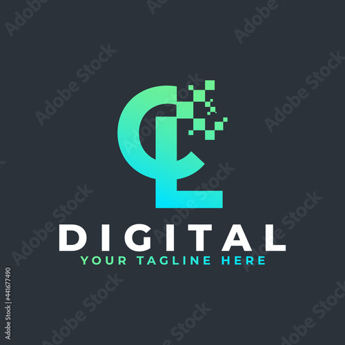 Tech Letter CL Logo. Blue and Green Geometric Shape with Square Pixel Dots. Usable for Business and Technology Logos. Design Ideas Template Element.