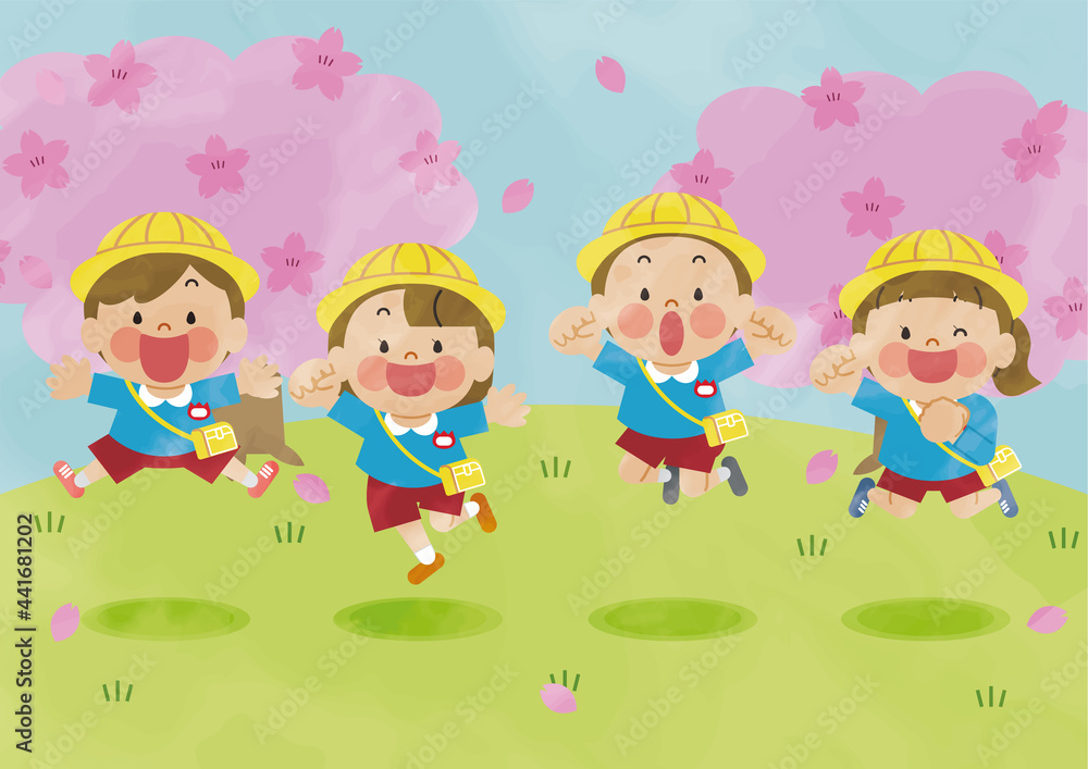 桜の中でジャンプする園児たち 桜の中でジャンプする園児たち