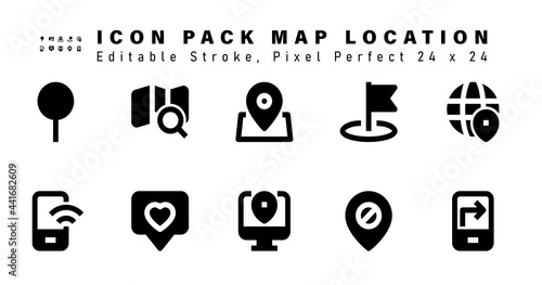 Icon Set of Map Location Glyph Icons. Contains such Icons as Location, Mobile Wifi, Favorite, Pin etc. Editable Stroke. 24 x 24 Pixel Perfect
