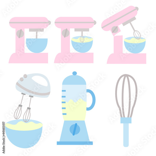Electrical hand mixer and juicer isolated on white background.Kitchen blender and whisk.Cartoons for restaurants, bakeries and cafes.Vector illustration.Sign, symbol, icon or logo.Flat design.