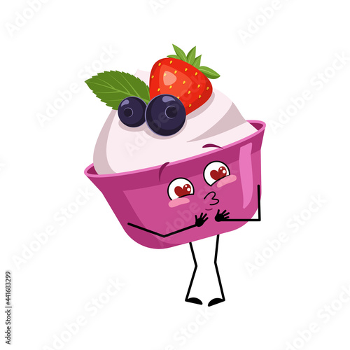 Cute cake or yogurt character falls in love with eyes hearts, kiss face, arms and legs. The funny or smile emotions sweet food, dessert with eyes. Vector flat illustration