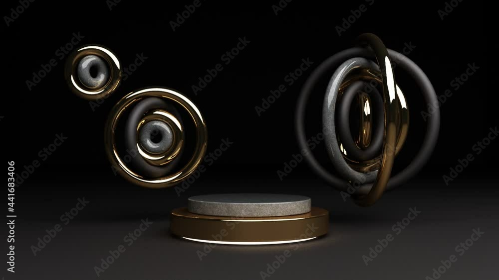 Position the geometric shapes with shiny black textures and mirrors on a black background. 3d render animation loop Position the geometric shapes with shiny black textures and mirrors on a black background. 3d render animation loop