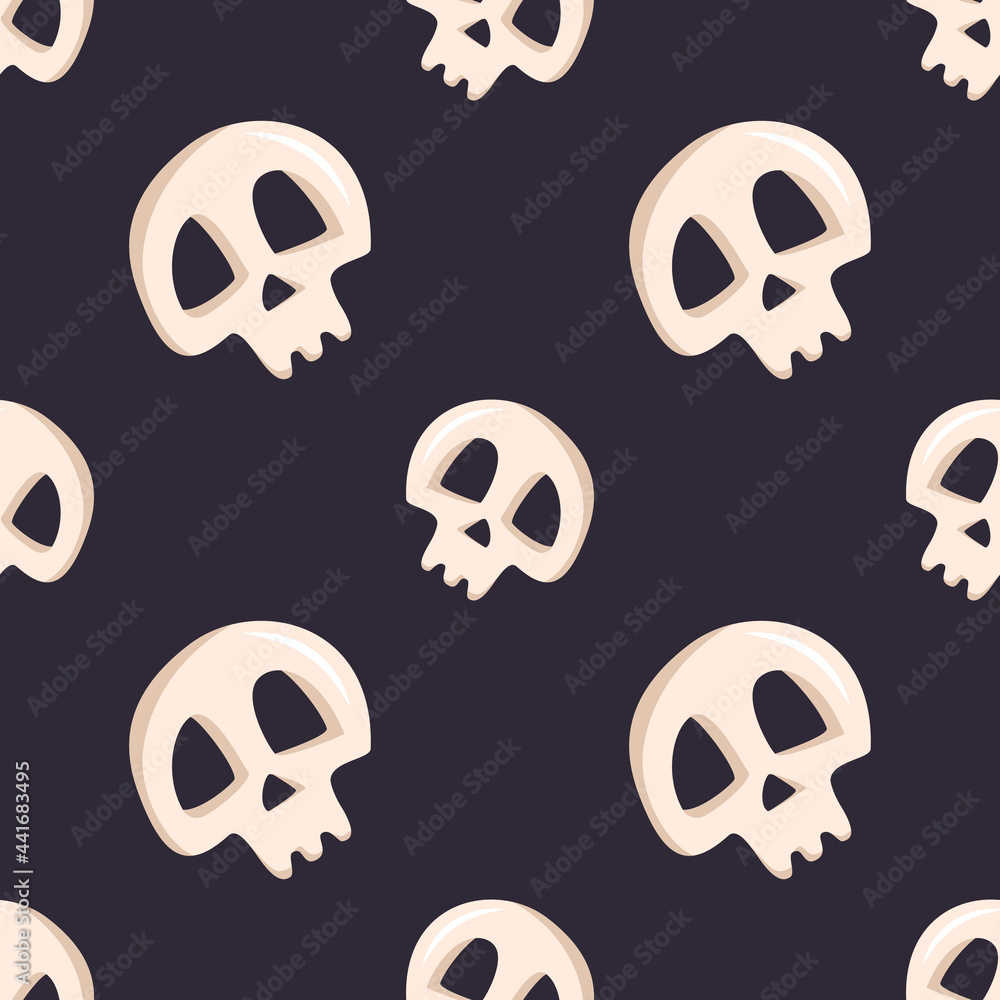 Bright seamless pattern with skulls and crossbones on a dark background. Fashion print for kids party, holiday, halloween, textile and design