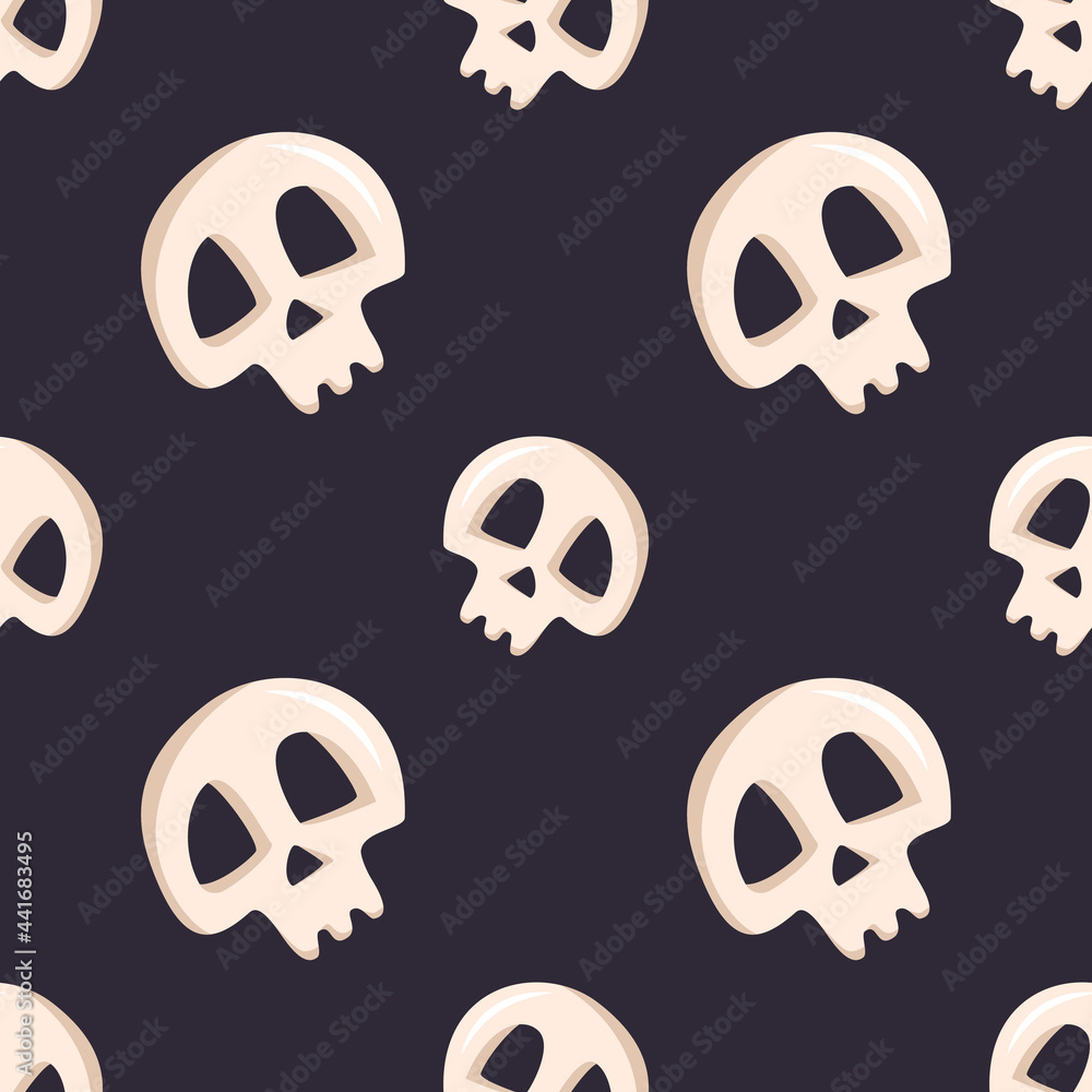 Bright seamless pattern with skulls and crossbones on a dark background. Fashion print for kids party, holiday, halloween, textile and design Bright seamless pattern with skulls and crossbones on a dark background. Fashion print for kids party, holiday, halloween, textile and design