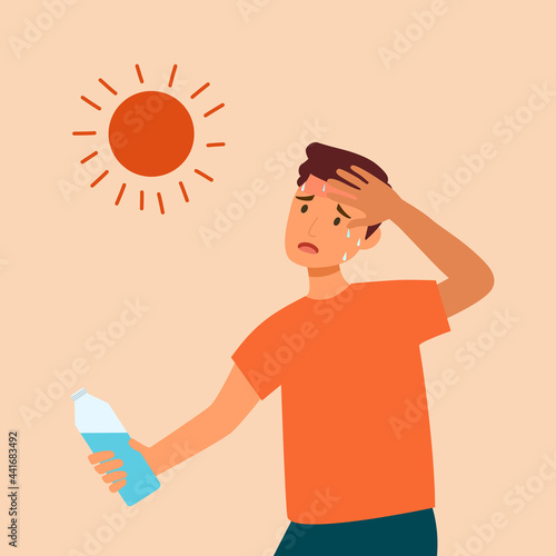 Man suffering from heat and sweaty dehydration from strong sunlight. Guy holding a bottle of water in flat design. Hot climate in summer.	