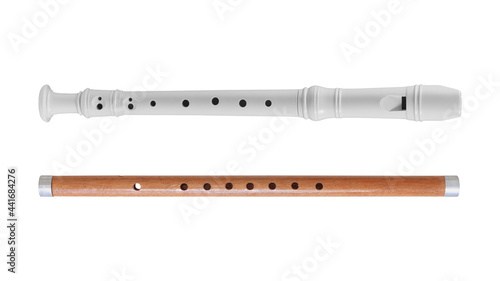 white plastic flute and wooden flute isolated on white background ,clipping path included use for design.