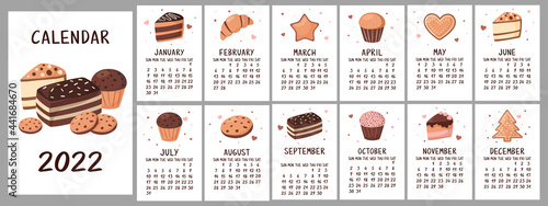 Wall calendar by months vector illustration. Calendar for 2022 sweets and pastries. Cake, pastry, muffin, cookies

