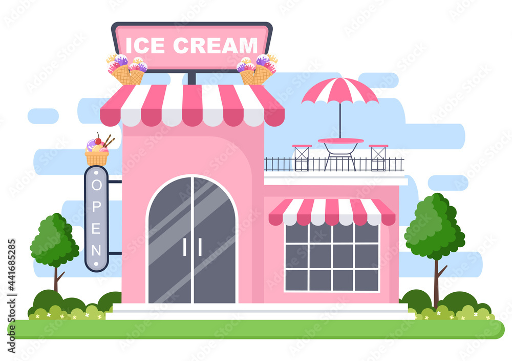 Ice Cream Shop Illustration With Open Board, Tree, And Building Store Exterior. Flat Design Concept