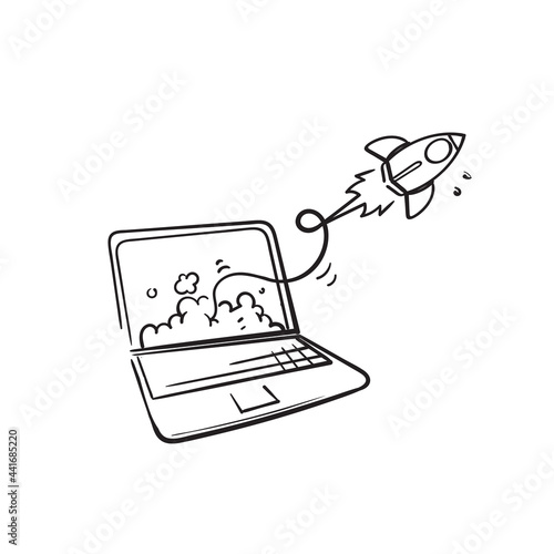 hand drawn doodle rocket launch from laptop or computer symbol for start up launch illustration vector