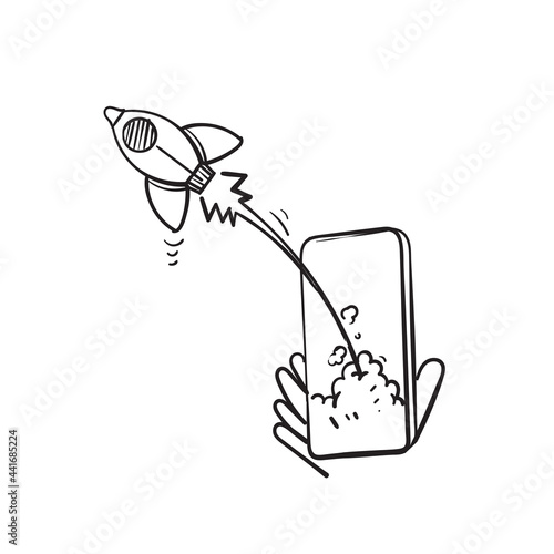 hand drawn doodle rocket launch from laptop or computer symbol for start up launch illustration vector