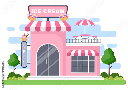Fototapeta Naklejka Na Ścianę i Meble -  Ice Cream Shop Illustration With Open Board, Tree, And Building Store Exterior. Flat Design Concept