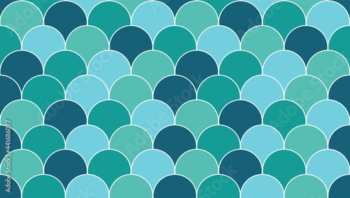Fishscale scallop, moroccan mermaid tile mosaic. Multicolour Turquoise, teal green, aqua and dark blue fish scale tiles with white outline. Seamless vector repeat background texture pattern wallpaper 